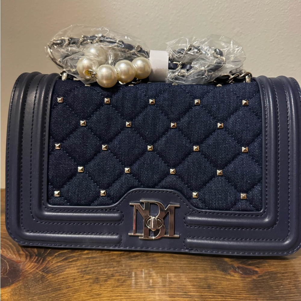 Badgley Mischka Navy Quilted Crossbody with Pearl Chain